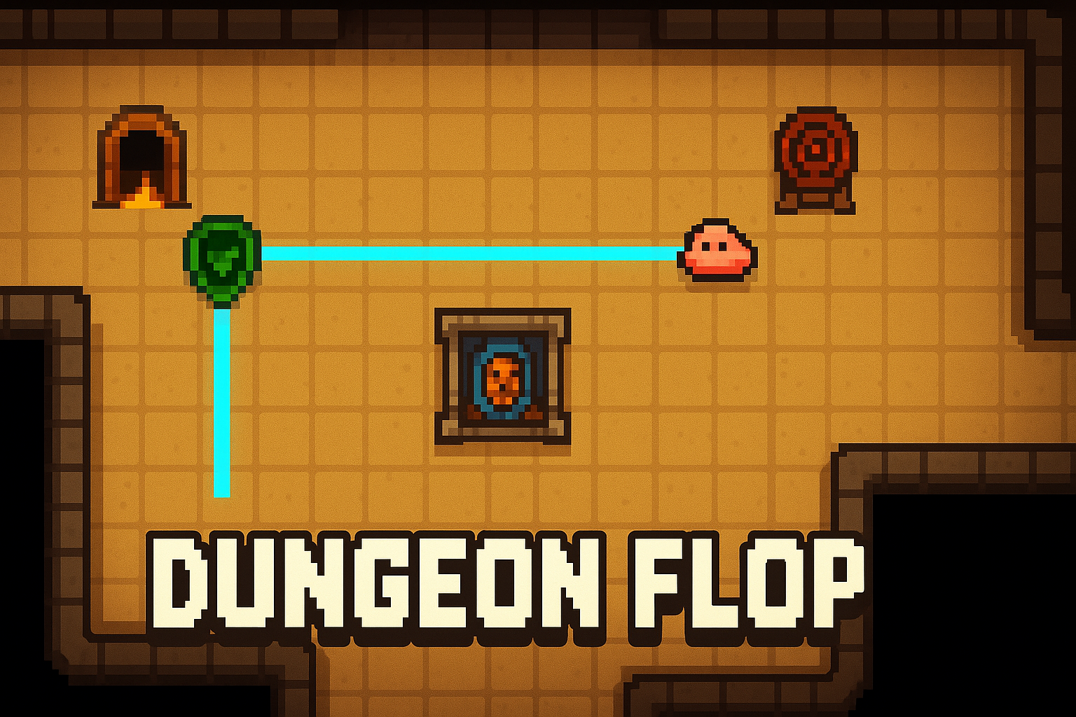 Dungeon Flop pixel artwork: a slime and a hero facing off in a golden dungeon