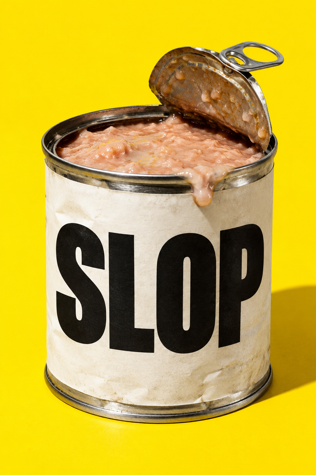SLOP cover: an open can on a bright yellow background